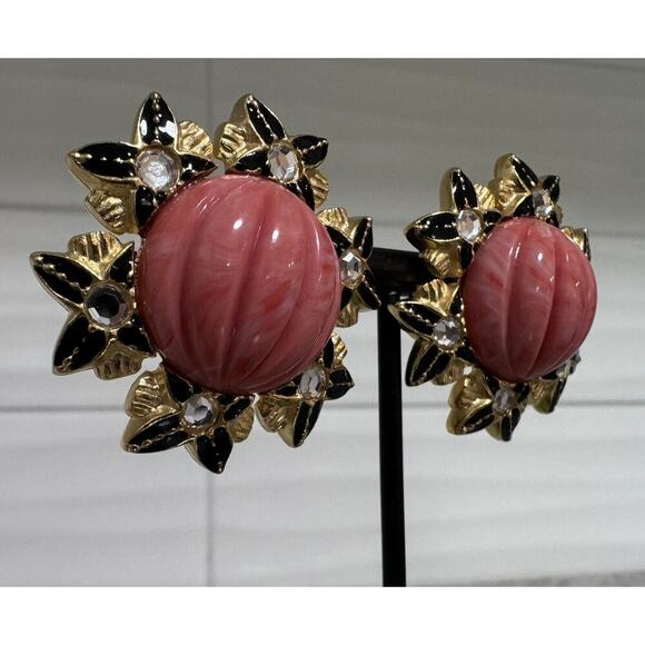 Vtg Craft Signed Cabochon Coral & Rhinestone Flower Statement Clip On Earrings - Picture 3 of 8